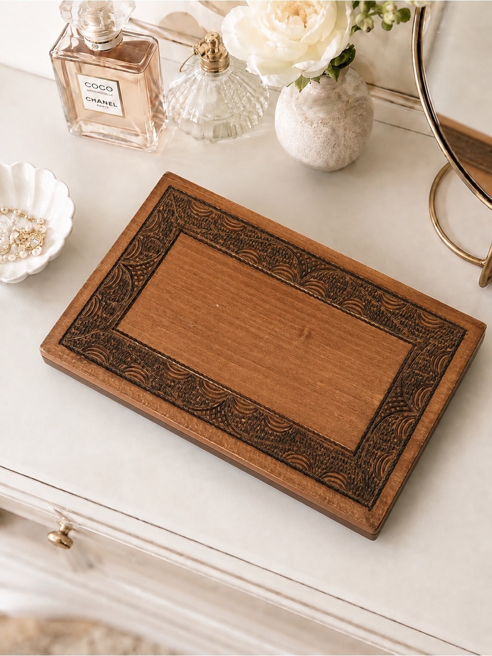 Hand Carved Wood Box with hinged Lid